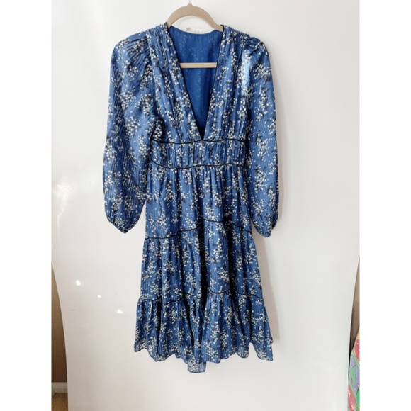 Ulla Johnson Floral Print Joan Gathered Jacquard Midi Dress in Cornflower Blue 0 - Picture 2 of 6